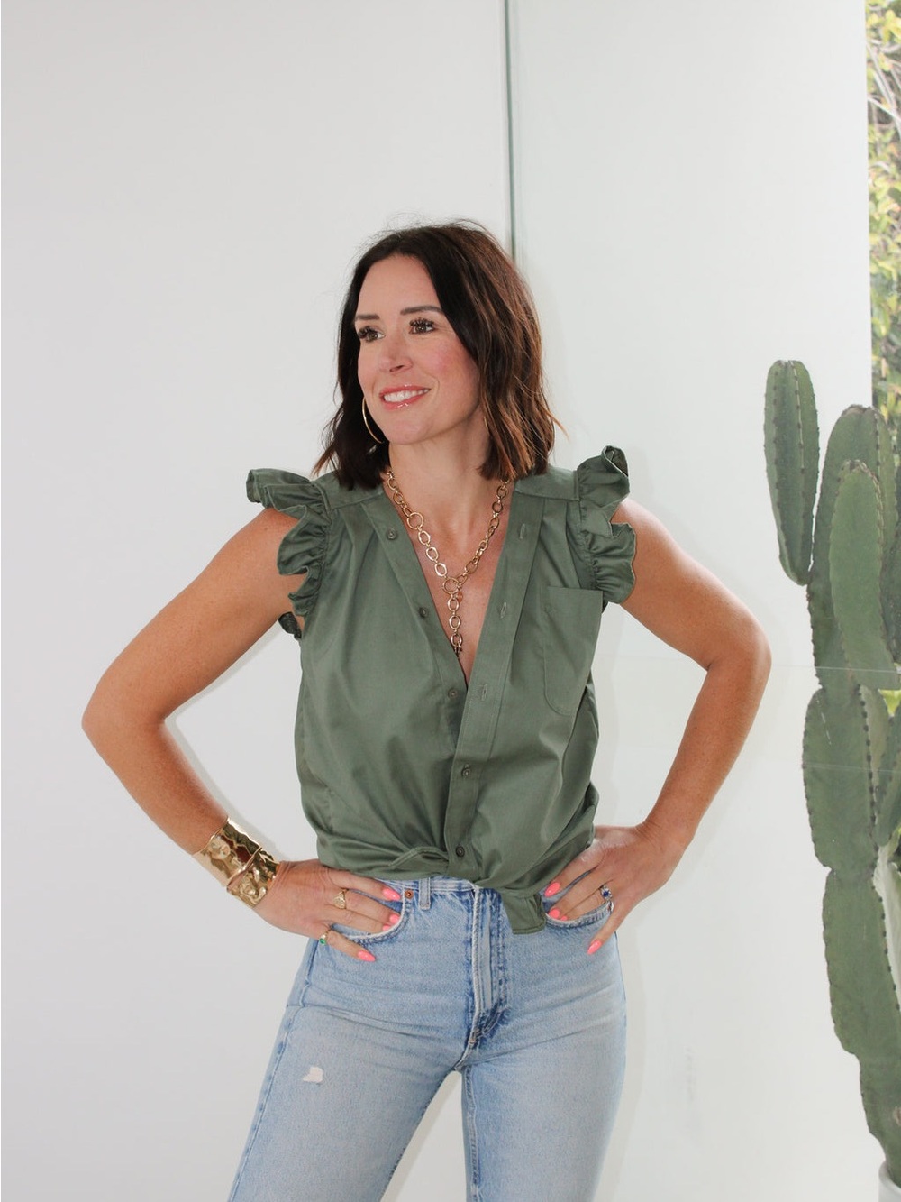 KMJ Ruffled Sleeve Button-Front Top - Green - Picture 13 of 14